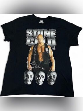 WWE Stone Cold Graphic Men's Black T-Shirt with Skull Art Size Large